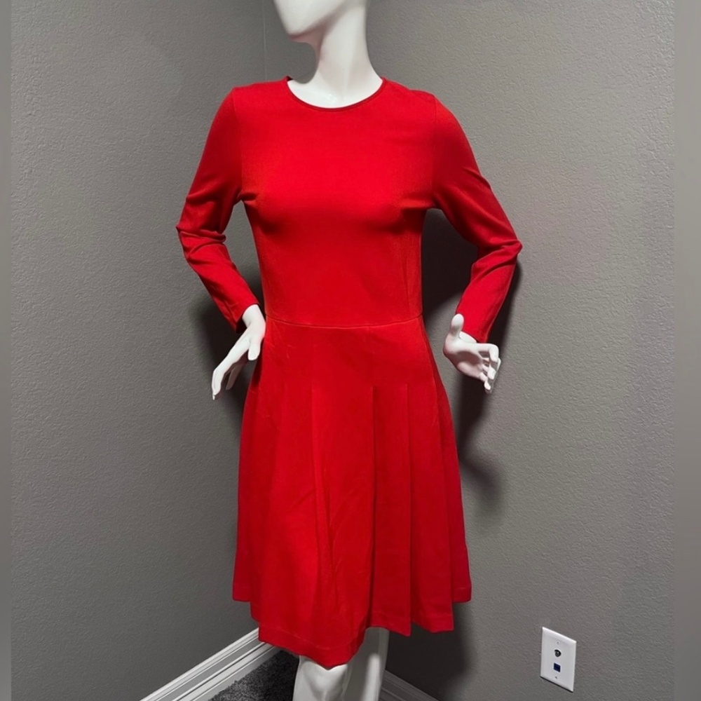 J- CREW Women”s Pleated  Dress In Ponte Brilliant Flame Red Size 8